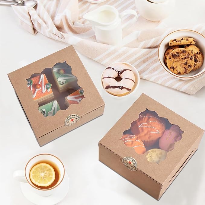 36 pcs 6x6x3 Inches Small Cake Box with Window, Bakery Pastry Cookie Boxes, Mini Pie for Pastry,Dessert,Strawberries,Chocolates, Cupcakes with paper stickers (Brown)
