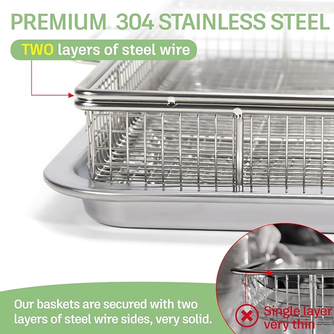 Air Fryer Basket for Full Size Oven,2 PCS-Set,Sturdy Basket & Baking Crisper Tray Pan for Easy Cleaning and Crispy Results,Stainless Steel Air Fryer Accessories,with one Removable Handle,15''×11''