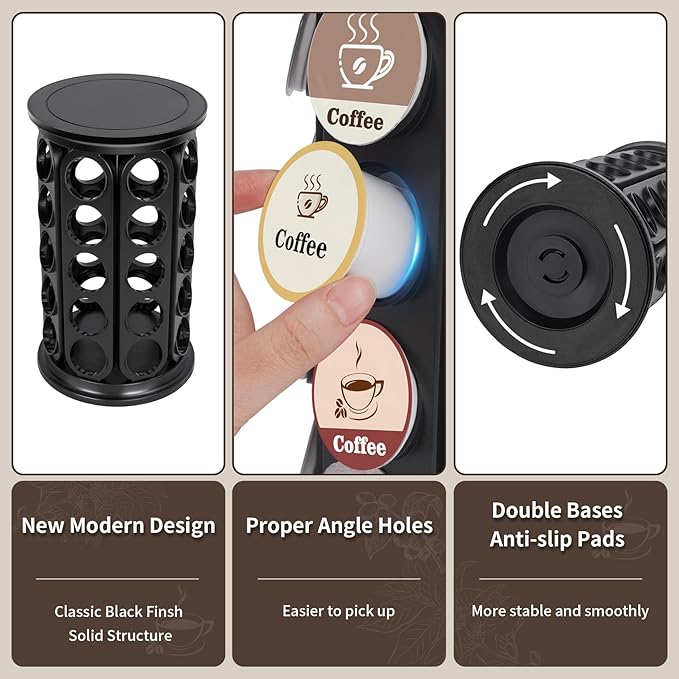 Coffee Pod Carousel Compatible with K-Cup Pods, K Cup Holder Holds 40 Coffee Capsule, New Modern Design for Kitchen Office Countertop or Coffees Station Organizer, Detachable (Black)