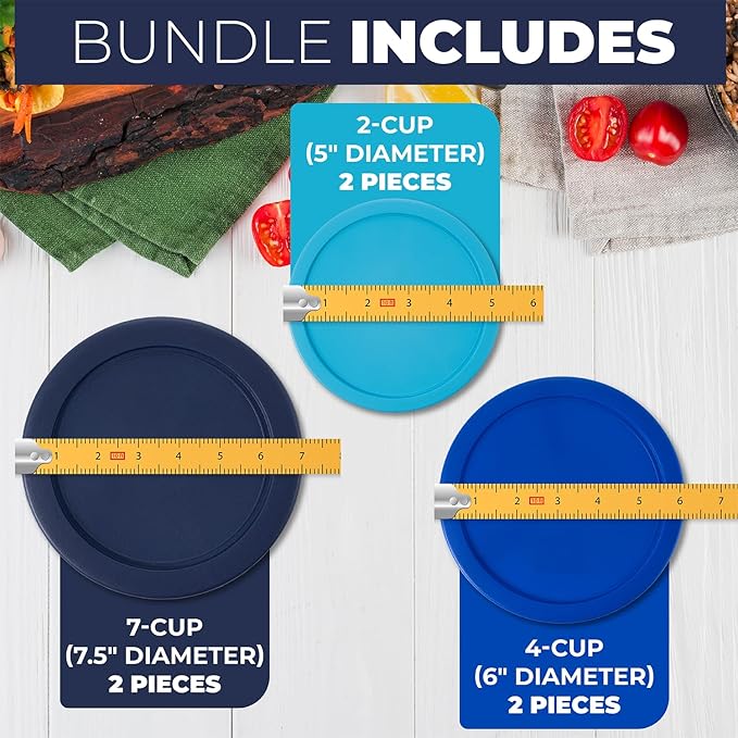 Replacement Lids for Pyrex Containers Round Glass Food Plastic - (2) 2-Cup Light Blue, (2) 4-Cup Blue, (2) 7-Cup Navy - BPA-Free, Dishwasher & Microwave Safe