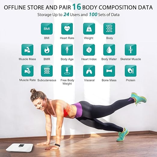 ABLEGRID Body Fat Scale,Digital Smart Bathroom Scale for Body Weight, Large Color Display Screen, 16 Body Composition Metrics BMI, Water Weigh, Heart Rate, Baby Mode, 400lb, Rechargeable (White)