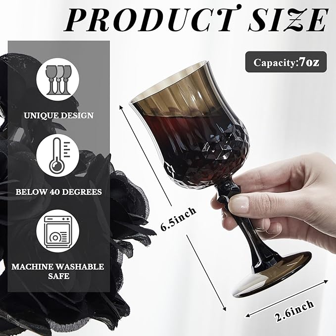 Pinkunn 6 Pcs 7 OZ Plastic Vintage Wine Glasses Reusable Colored Goblets Patterned Drinking Water Glasses Cup Dishwasher Safe for Halloween Wedding Reception Party Supplies (Black)