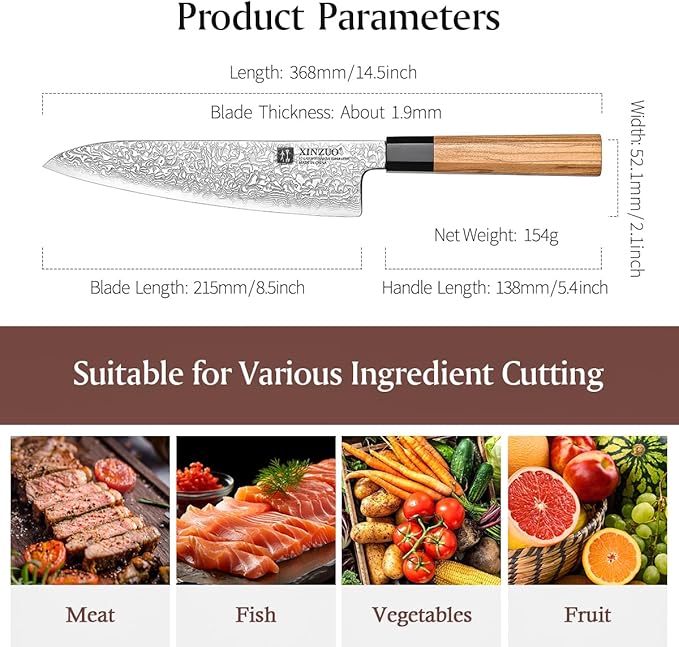 XINZUO 8.5 Inch Chef Knife, 67 Layers Hand Forged Damascus Steel Kitchen Knife Professional, Japanese Chef Knife for Chefs and Home Cooking, Ultra Sharp,Olive Wood Octagonal Handle