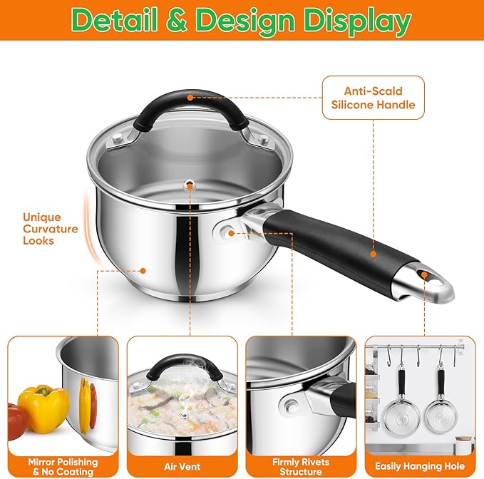 P&P CHEF 1 Quart Sauce Pan with Lid, Stainless Steel Saucepan, Small Milk Pot for Multipurpose Cooking, Visible Glass Lid & Stay-cool Silicone Handle & Tri-Ply Base, For All Stoves & Dishwasher Use