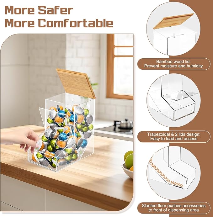 TCJJ Coffee Pod Holder With Bamboo Lid, Clear Acrylic Coffee Capsule Organizer For K Cup, 170 In³ Capacity, Can Be Placed On A Tabletop Or Mounted On A Wall, Compatible With Coffee Pod & Creamer