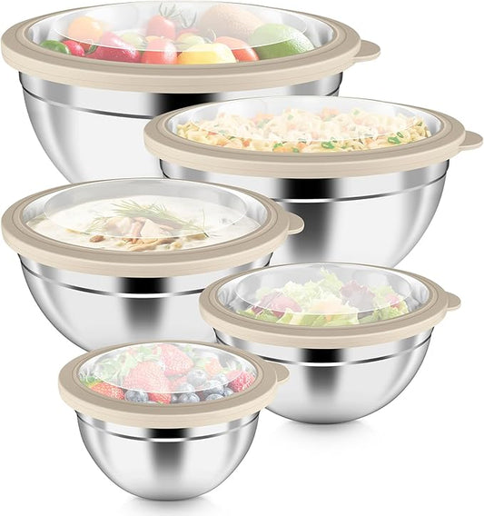 P&P CHEF Mixing Bowls with Visible Airtight Lids Set of 5, 10-Piece Stainless Steel Mixing Nesting Bowl, Metal Bowl with Lid for Kitchen Prepping & Storing, Size 4.6, 3, 1.5, 1, 0.7 QT, Khaki