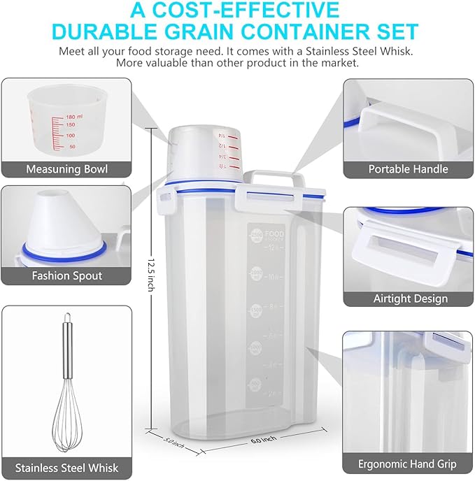 Rice Airtight Dry Food Storage Containers, BPA Free Plastic Sealed Holder Bin Dispenser with Pouring Spout, Measuring Cup for Cereal, Flour and Oatmeal, Include a Stainless Steel Whisk