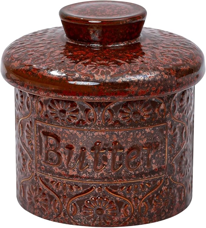 Butter Crock, Ceramic French Butter Dish with Lid for Countertop, Butter Keeper with Water Line for Fresh Spreadable Butter (Vintage Red)