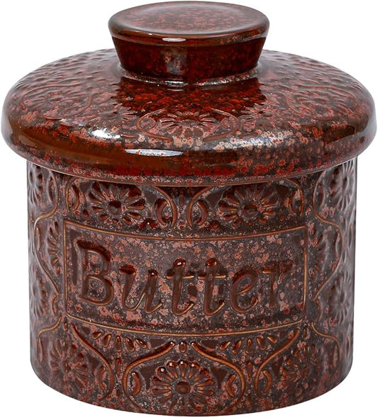 Butter Crock, Ceramic French Butter Dish with Lid for Countertop, Butter Keeper with Water Line for Fresh Spreadable Butter (Vintage Red)