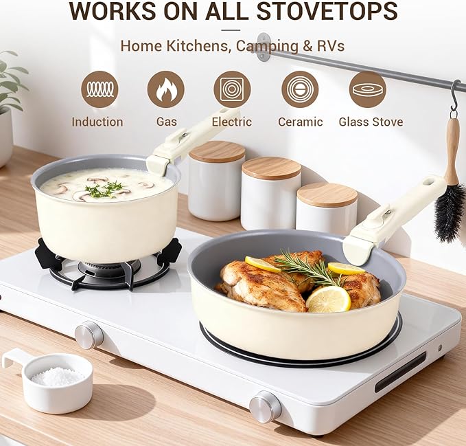 Ammeloo Ceramic Pots and Pans Set Non Stick, Non Toxic Cookware Set with Removable Handles, 18 Pcs Healthy Kitchen Cooking Set, Induction Ready, Dishwasher & Oven Safe, PFAS PFOA & PTFE Free