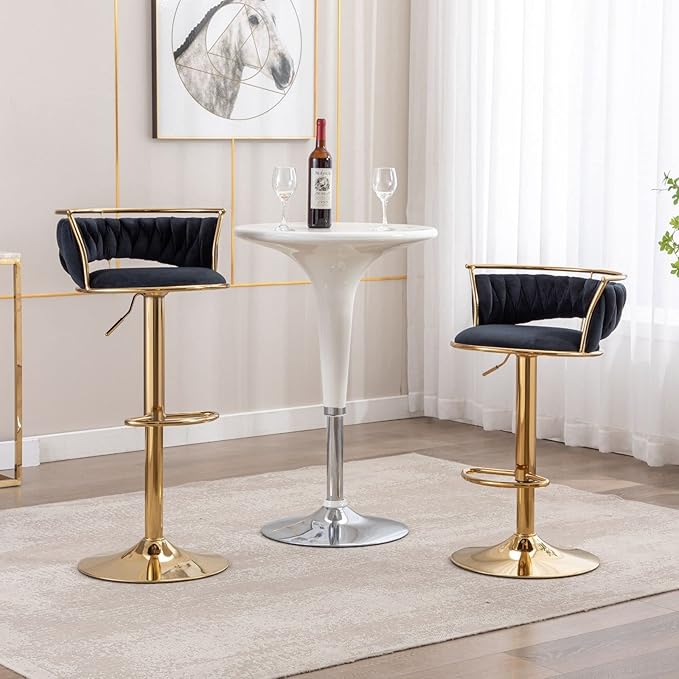 LukeAlon Velvet Adjustable Barstools Set of 4, Modern 360° Swivel Counter Stools with Golden Base Upholstered Open Back Tall Bar Chairs with Footrest for Home Kitchen, Black