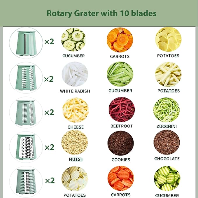 5 in 1 Rotary Cheese Grater, Cheese Shredder Hand Crank with Replaceable 10 Blades, Kitchen Strong Suction Base Salad Maker Cheese Slicers for Fruits and Vegetables
