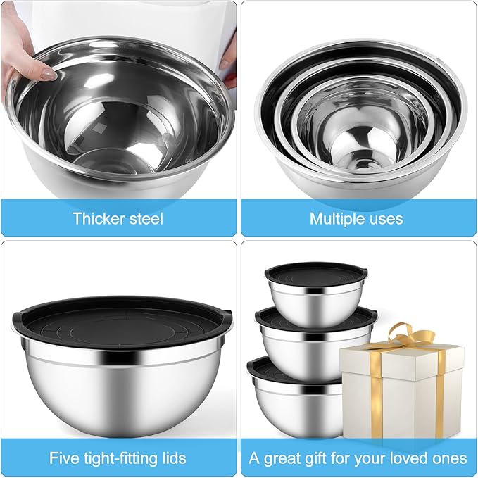 Mixing Bowls with Airtight Lids Set of 3, Stainless Steel Mixing Bowls, Nesting Salad Bowl for Prepping, Serving, Cooking, Kitchen, 4.5/2.5/1.5QT, Black