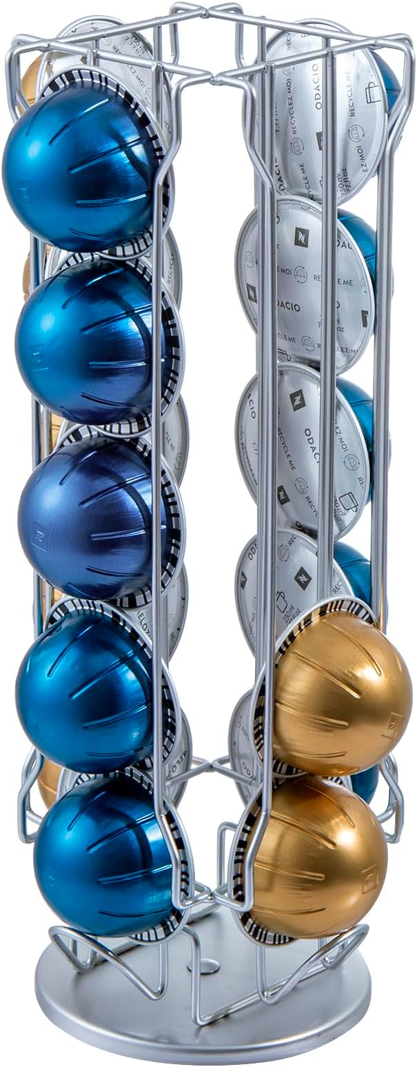 MyGift Silver Chrome-Plated Metal Coffee Pod Capsule Holder Stand Rotating Carousel, Compatible with Vertuoline Pod, Coffee Bar Organizer Rack - Holds 20 Capsules