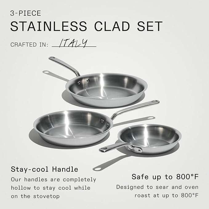 Made In Cookware - 3-Piece (Includes 8",10",12") Stainless Frying Pan Set - 5 Ply Stainless Clad - Professional Cookware - Crafted in USA - Induction Compatible
