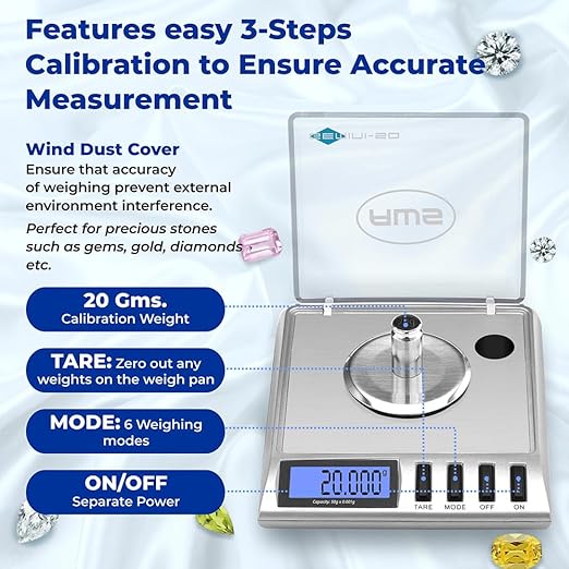AWS Gemini-50 Milligram Scale 50g x 0.001g – Digital Jewelry/Lab Scale for Powder, Gold, Gems – Includes Calibration Weights, Tweezers & Tray – Tare, Cal, 6 Units, Pocket Size Mg Scale (Silver)