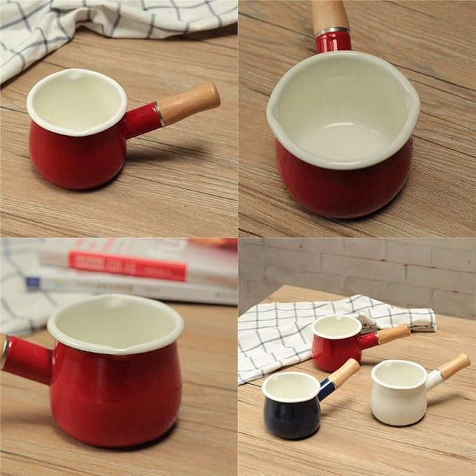 Mini Enamel Milk Pot 4 Inch 17 Oz Dual spout with Wooden Handle, Small Sauce Pan Perfect Size for Heating Smaller Liquid Portions (Red）