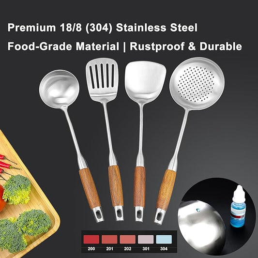 18/10 Stainless Steel Kitchen Utensils Set 4 Pcs Cooking Utensil with Wood Handle, 15” Long Handle Spatula, Soup spoon, Leaking shovel, Kitchen Tools Set (Wood handle - 4 Piece)