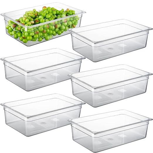 CURTA 6 Pack NSF Food Pans, Full Size 6 Inch Deep, Commercial Polycarbonate Plastic Clear Freezer-Safe