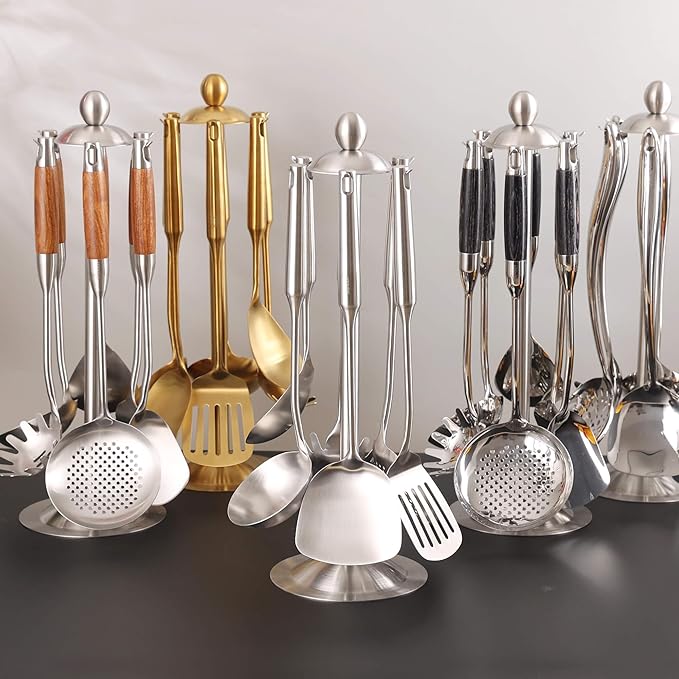 18/10 Stainless Steel Kitchen Utensils Set - 15’’ All Metal Cooking Utensils with Countertop Rotating Holder Stand, Spatula, Ladle, Skimmer, Slotted Turner, Pasta, Large Spoon Set of 7