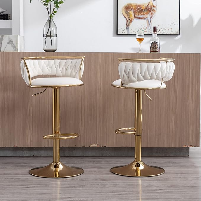 LukeAlon Modern Velvet Adjustable Barstools Set of 3, 360° Swivel Counter Stools with Golden Base Upholstered Open Back Tall Bar Chairs with Footrest for Home Pub Kitchen, White