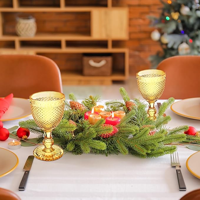 Bokon 6 Pack Amber Glass Goblets Set 10 oz High Clear Wine Glass Vintage Water Goblets Cups Embossed Diamond Design Glassware with Stem for Drinking Juice Liquor Party Wedding Bar