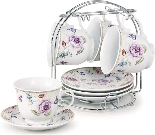 World Gifts Elegant Durable and Colorful Porcelain Tea Cup and Saucer Set with Metal Stand - Purple Flower, 8 oz. Set of 4