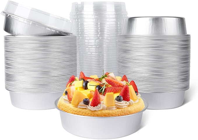 Beasea Pie Tins with Lids 8oz, 100 Pack 4 Inch Disposable Mini Creme Brulee Ramekins Silver Small Aluminum Foil Pie Tart Cake Baking Pans Individual Round Containers Oven Safe for Baking