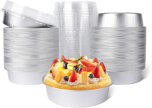 Beasea Pie Tins with Lids 8oz, 100 Pack 4 Inch Disposable Mini Creme Brulee Ramekins Silver Small Aluminum Foil Pie Tart Cake Baking Pans Individual Round Containers Oven Safe for Baking