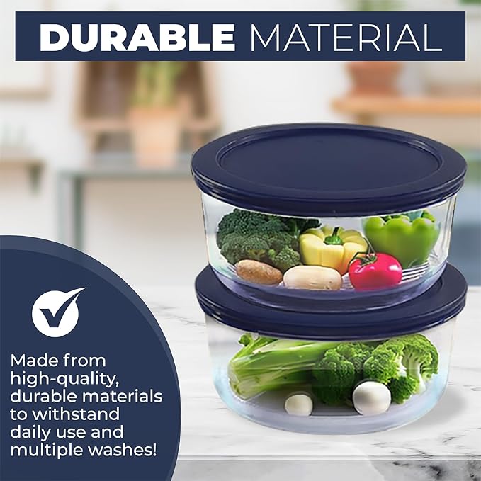 Replacement Lids for Pyrex Containers Round Glass Food Plastic - (2) 2-Cup Navy, (2) 4-Cup Purple, (2) 7-Cup Dark Red- BPA-Free, Dishwasher & Microwave Safe
