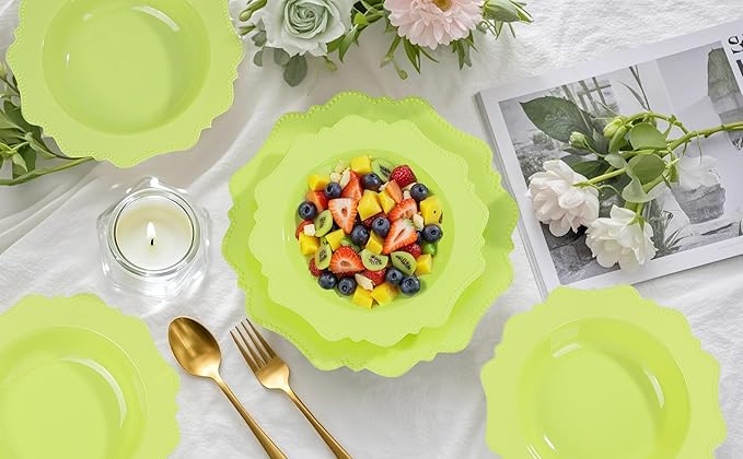 COLOSUS 60 Pack Lime Green White Plastic Bowls, 12 oz Disposable Soup Bowls, Premium Plastic Dinner Bowls,Heavy-duty Dessert Salad Bowl for Party, Wedding, Dinner, Christmas,Thanksgiving