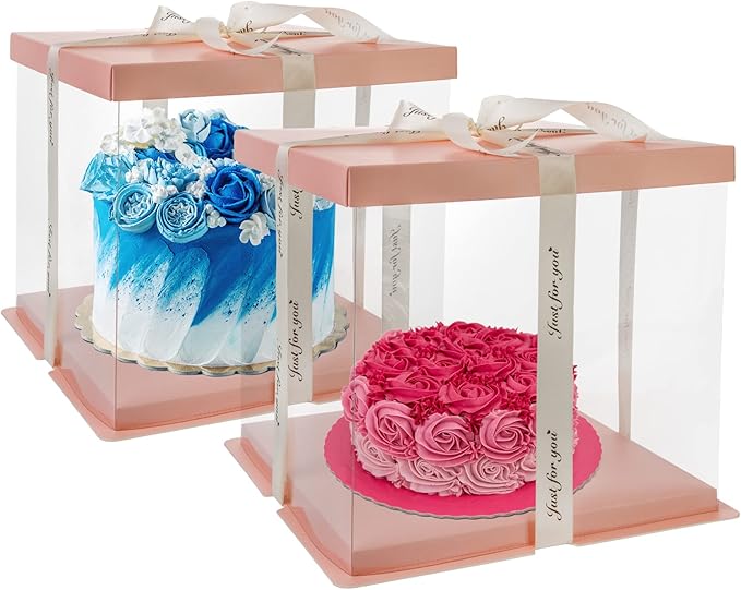 4 Pack Clear Cake Box Carrier 10" X 10" X 9" Cake Packaging Container with Ribbon Transparent Boxes with Lid Gift Package for Birthday Wedding Party, Pink