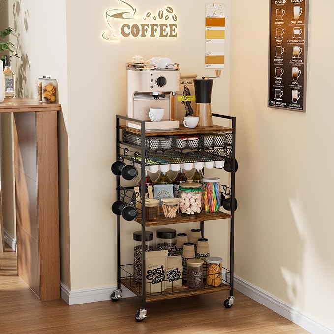 Coffee Bar Station with Storage Drawer - 5 Tier Coffee Table Countertop Organizer for K Cups, Tea Bags, Sugar Storage and Kitchen Cabinets (Brown)