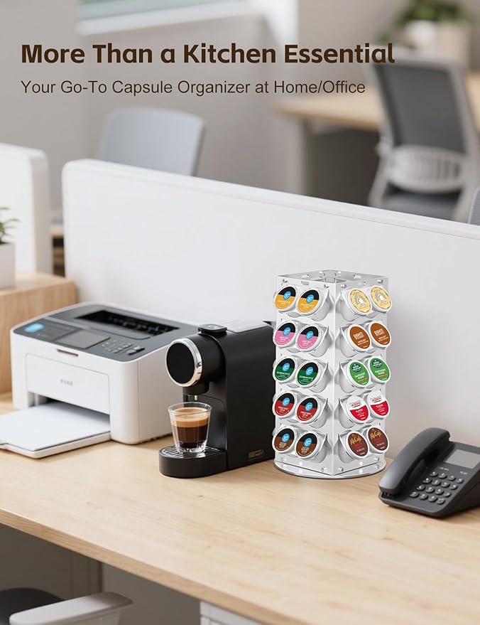 K Cup Holder, Coffee Pod Holder for Keurig – 360° Rotating Aluminum Coffee Organizer for Countertop,Saving Design with Anti-Slip Base for Kitchen or Office,Capacity of 40 Pods,Silver