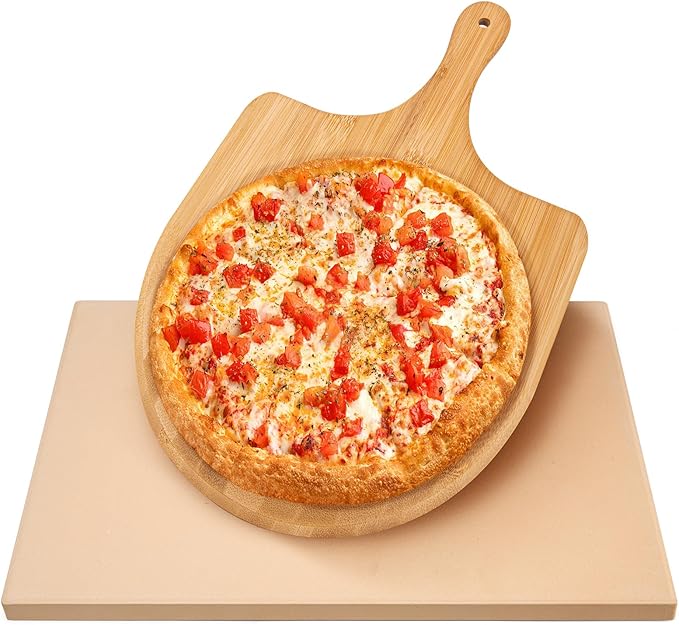 Pizza Stone for Oven and Grill with Wooden Pizza Peel paddle Large Baking Stone Bread Pizza for Pizza,Bread,Pie,BBQ Grill, Oven Baking 15 x 12 Inch