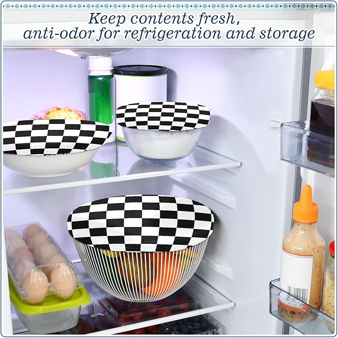 5 Pcs Bowl Covers Reusable in 5 Size Elastic Food Cover Cloth Lids Fresh Keeping Dish Cookware Bakeware Fabric Covers Lids for Food Leftovers Fruits Storage Checkered Black and White