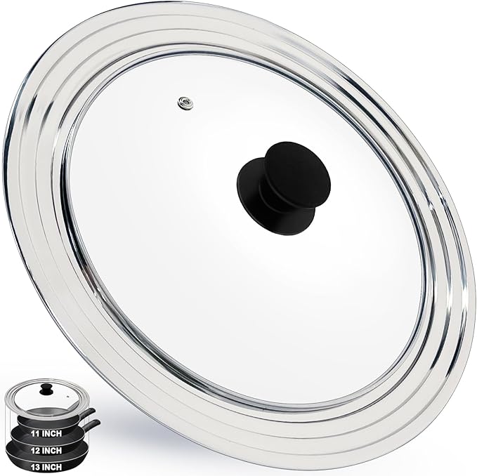 13 Inch Large Universal Pan Lid, Stainless Steel Pots Lid Fit 11, 12,13 Inch Pots and Pans, Heat Resistant Stainless Steel and Tempered Glass Lid, 13 In Frying Pans Lid