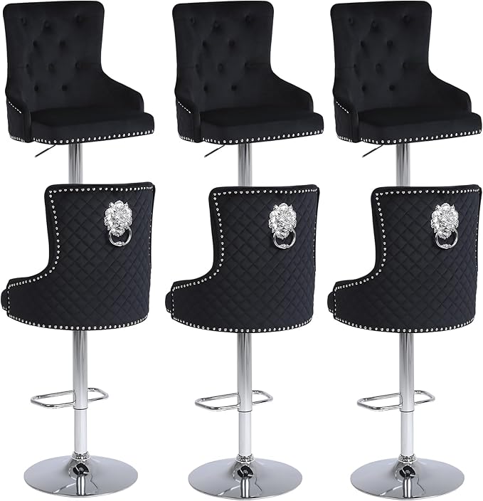 Velvet Lion Bar Stools Set of 6, Modern Height Adjustable Swivel Barstools with Chrome Base, Tufted Counter Height Bar Stools Upholstered Bar Chairs for Kitchen Island, Dining Room, Black