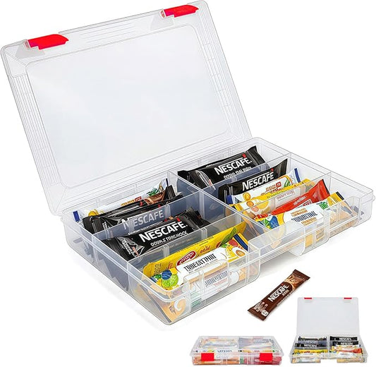 Water Packet Organizer – Stackable Clear Acrylic Water Flavor Packet Organization with Removable Dividers & Secure Lid for Kitchen, Countertop, Pantry, and Travel (Red)