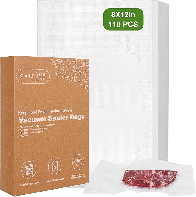 [2025 Upgraded] Moretoes 110pcs Vacuum Sealer Bags, Food Saver Bags Quart 8" x 12", BPA Free, Pre-cut Commercial Grade Vac Bags for Food Storage, Meal Prep or Sous Vide