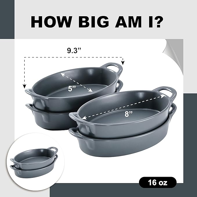Bruntmor 8" x 5" Oval Porcelain Ceramic Deep Dish Pie Pan Set of 4, Double Handle Au Gratin Baking Dishes, Oven Safe Roasting Lasagna Pan For kitchen- Gray