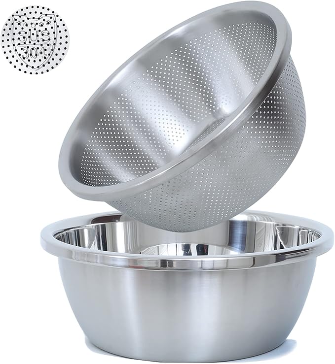 304 Stainless Steel Microporous Colander, 4.5QT Large Capacity with Mixing Bowl For washing vegetables, fruit and rice and for draining cooked pasta(2PC)