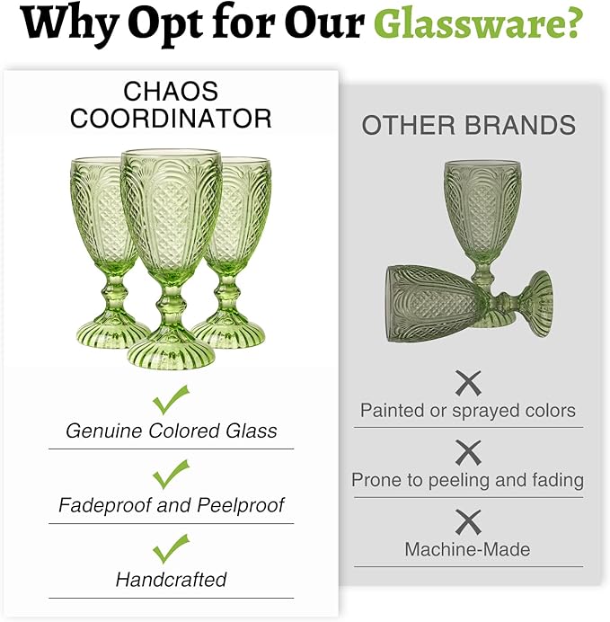 Chaos Coordinator Green Wine Glasses set of 6, vintage Green glassware, colored drinking glasses for a baby shower, wedding, birthday,or fancy glassware for everyday,10.5 OZ.