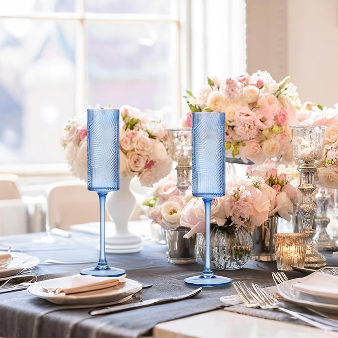 6 Pieces Blue Champagne Flutes,6 OZ Twill Pattern Striped Vintage Stem Glasses Stemware Wine Glasses Champagne Long Stem Drinking Colored Glasses Goblets for Wedding Cocktail Cups,Cava, Prosecco