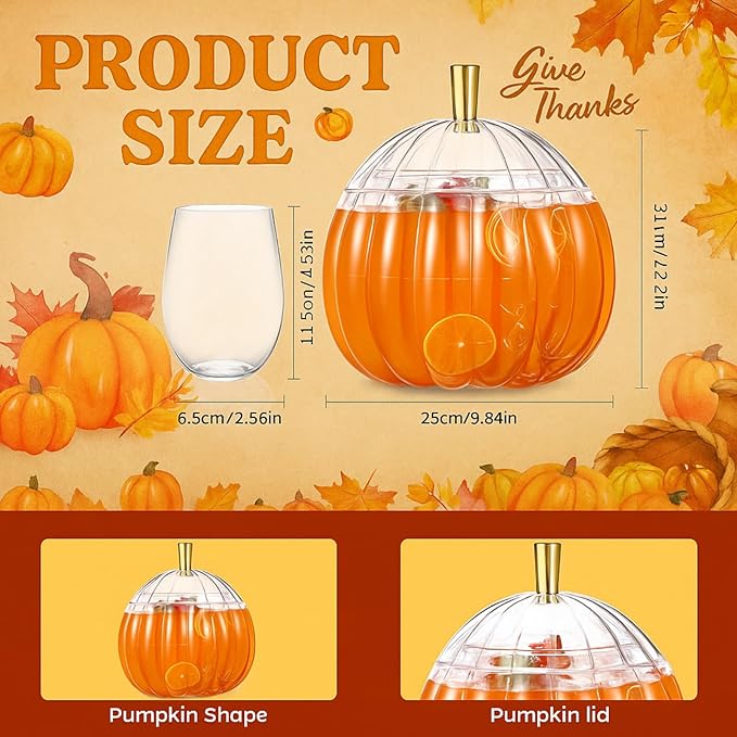 Meanplan 1.3 Gallon Thanksgiving Plastic Punch Bowl Set with 6 Clear Plastic Cups and 1 Ladle Pumpkin Shaped Punch Bowl Fall Harvest Kitchen Decoration for Fall Autumn Party Supplies