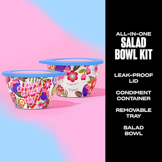 S'well Stainless Steel Salad Bowl Kit 64oz, Steffi Lynn x S'well, Comes with 2oz Mini Canister and Removable Tray for Organization, Leakproof, Easy to Clean, Dishwasher Safe