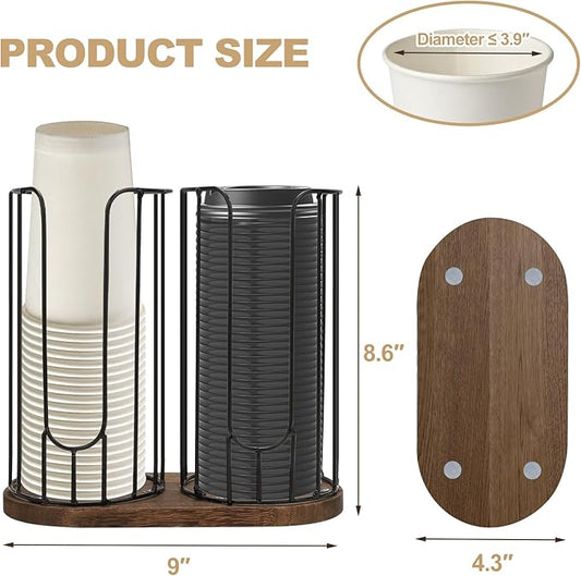 2-Compartment 18oz Coffee Cup Dispenser Rack with Wood Base, Disposable Cup, and Lid Organizer for Countertop - Perfect for Paper Cups, and Lid Organizer