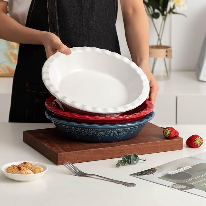 Fun Elements Pie Pan, 9 Inch Ceramic Pie Dish, Deep Dish Pie Pan with Lace Emboss, Ruffled Pie Plate for Baking, Thanksgiving Christmas Gifts(Bright White)