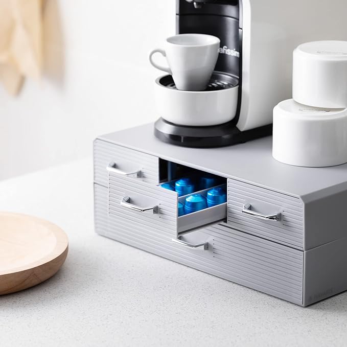 Navaris Coffee Pod Holder with 4 Drawers - Compatible with Nespresso, CBTL, K-Cups, Verismo - Capsule Storage Organizer 2-Tier Container Box - Gray