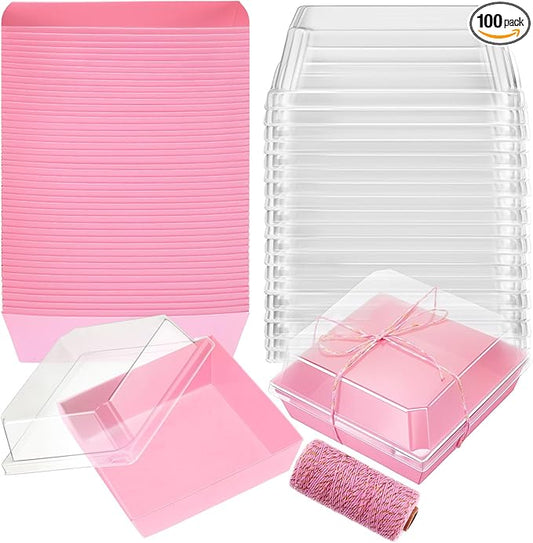 Ctosree 100 Pcs Paper Charcuterie Boxes with Clear Lids 4.5 Inches Disposable Cake Square Dessert Container Bakery Boxes Bundle with Rope for Food Cake Slice Cookie Sandwich Dessert(Pink)